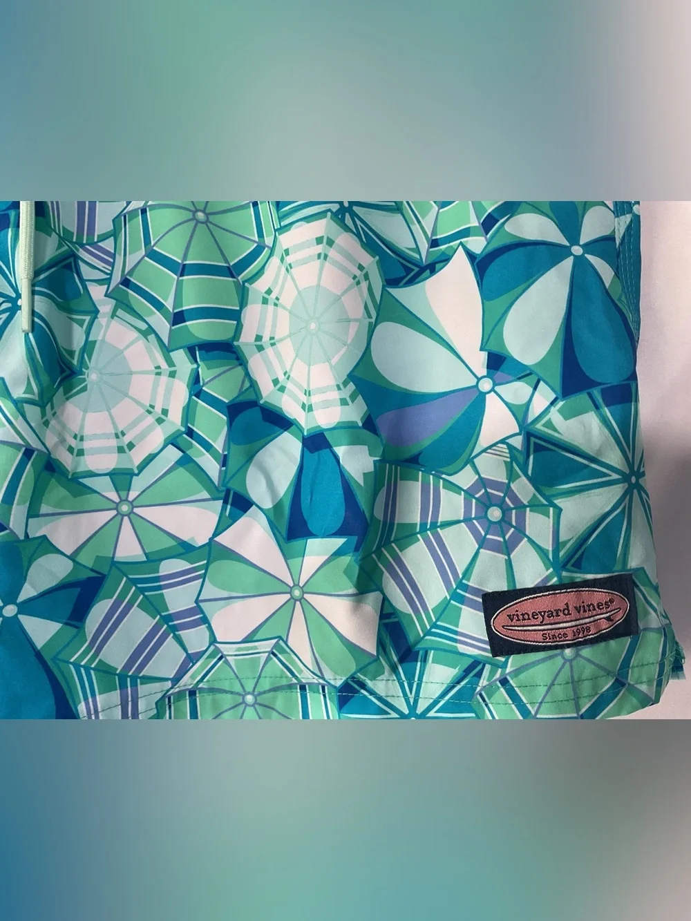 Vineyard Vines Teal, Aqua & White Umbrella Print Swim Bermudas